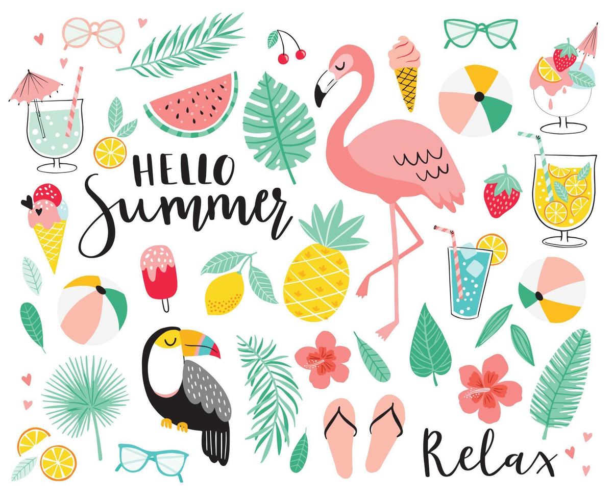 conjunto de lindos íconos de verano. ilustración vectorial dibujada a mano. flamenco, tucán, hojas de palma tropical, frutas, alimentos, bebidas. cartel de verano, elementos de scrapbooking. vector