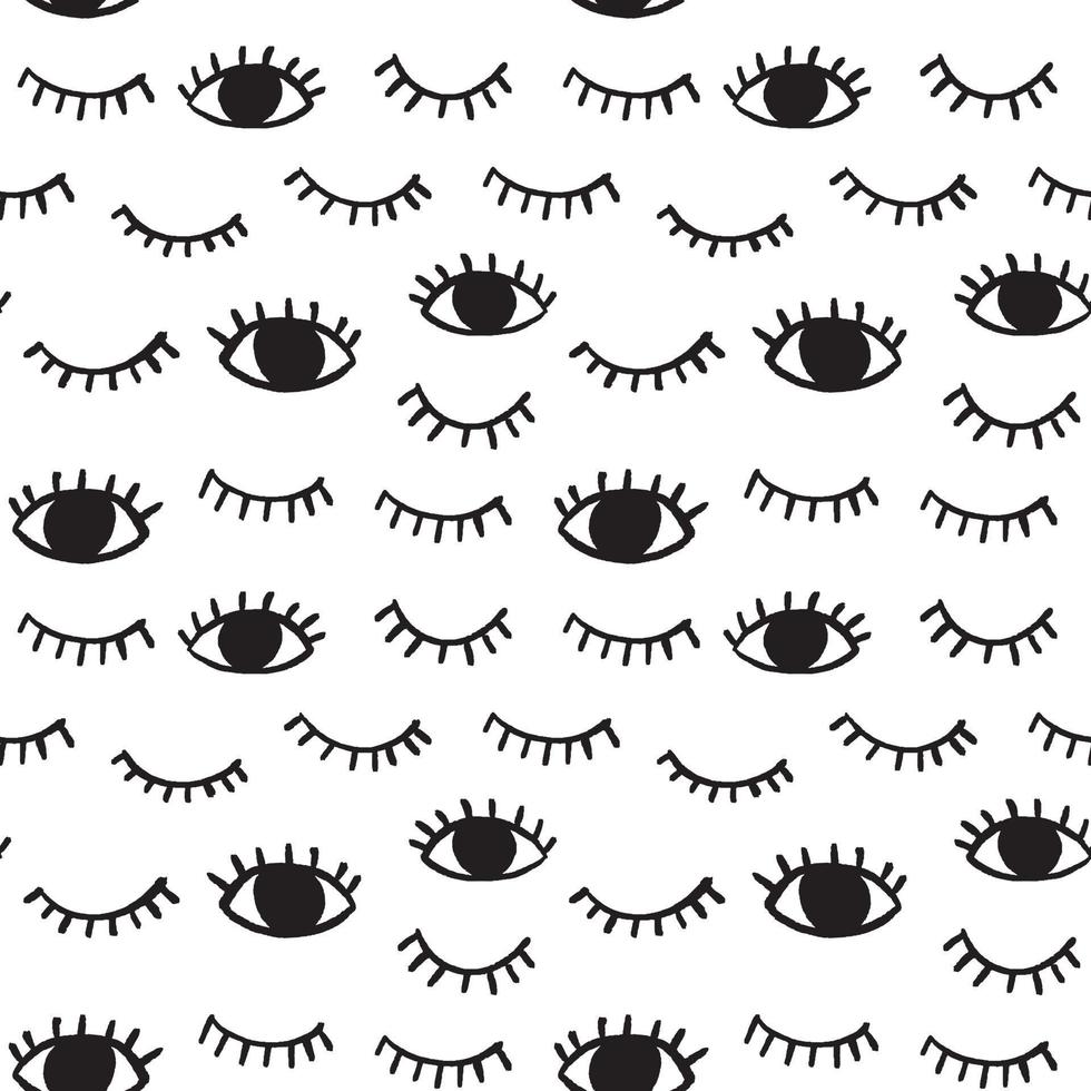Vector pattern with hand drawn eyes doodles. Trendy seamless background with opened and winking or closed eyes.