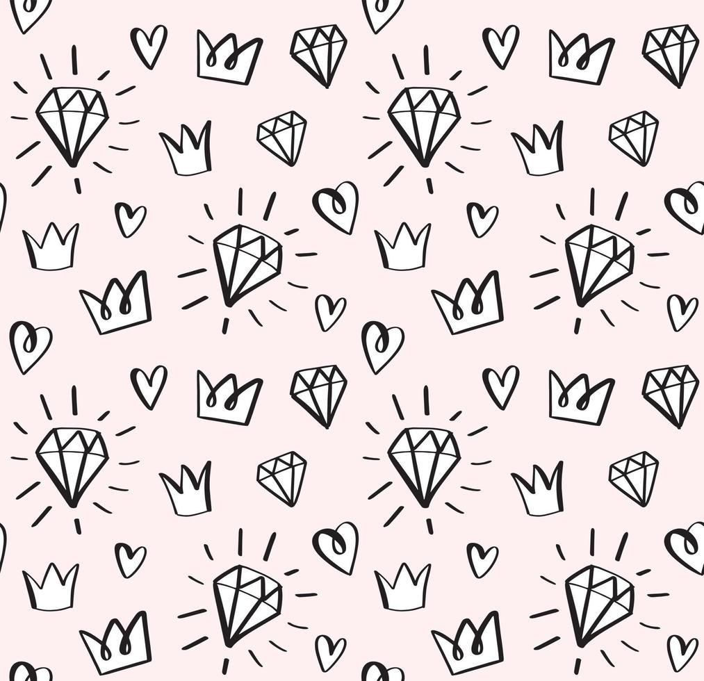 Princess doodle pattern with hand drawn diamonds, crowns, stars and hearts. Cute baby girl and little princess design. vector