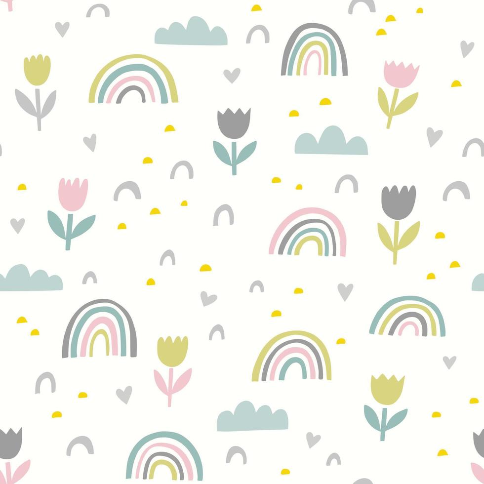 Cute vector pattern with flowers, rainbows and clouds. Spring abstract hand drawn whimsical seamless background in pastel colors.