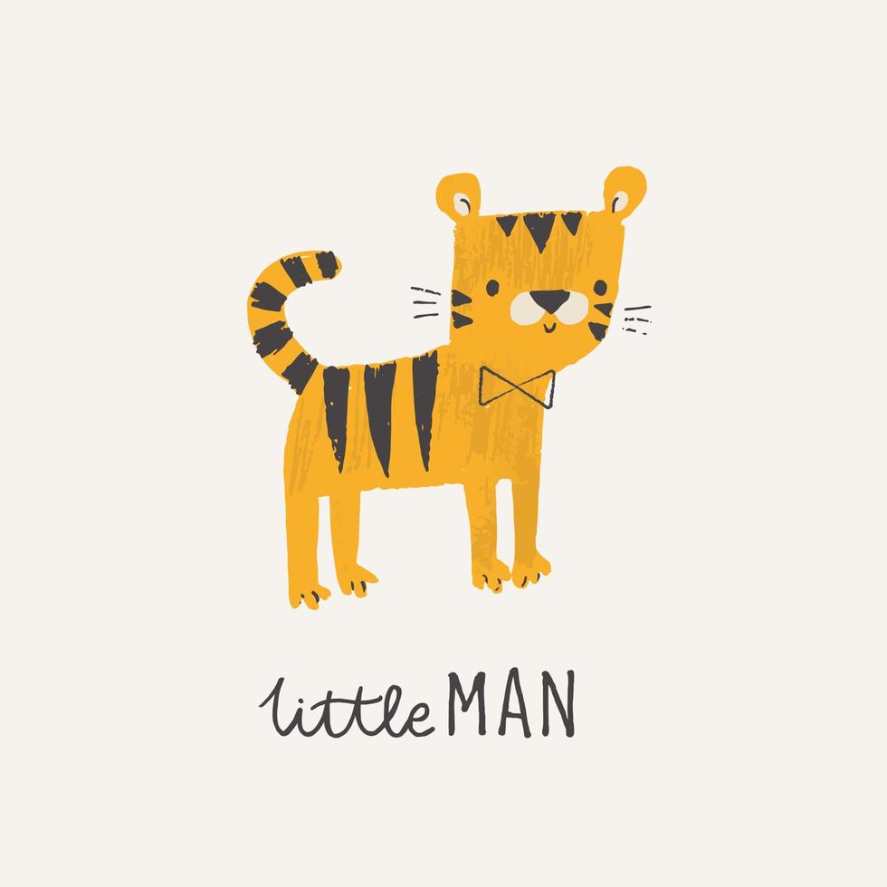 Little man. Baby shower card with tiger with a bow tie. Boy tiger animal character. Baby poster, nursery wall art, card, invitation, birthday. vector