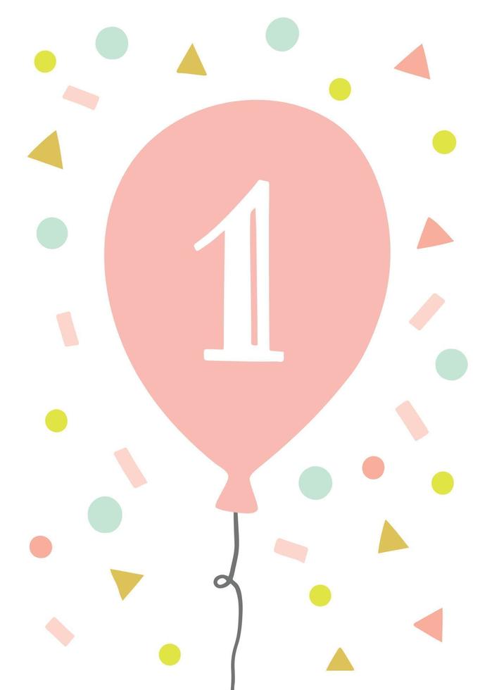 primer diseño de tarjeta de felicitación de cumpleaños con globo y confeti. ilustración vectorial para invitación de fiesta. cumpleaños de niños. vector