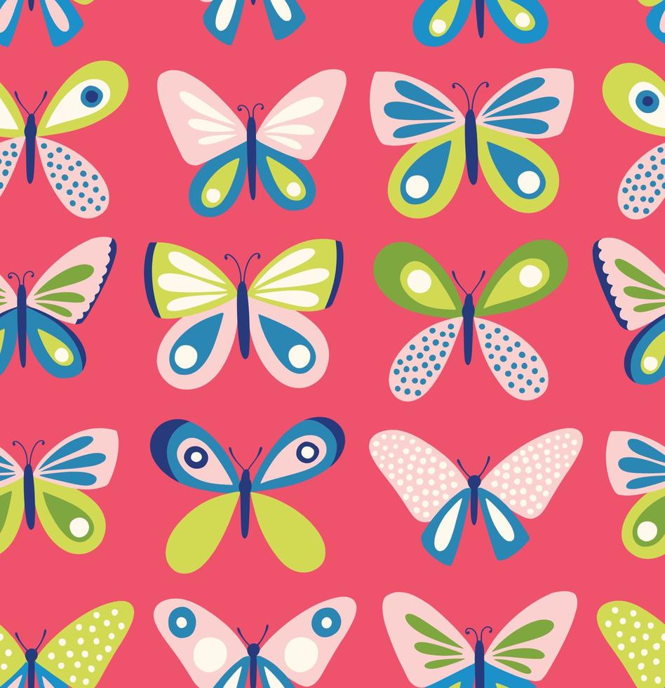 Butterflies vector pattern. Seamless background with butterfly freehand drawing. Bright retro colors.