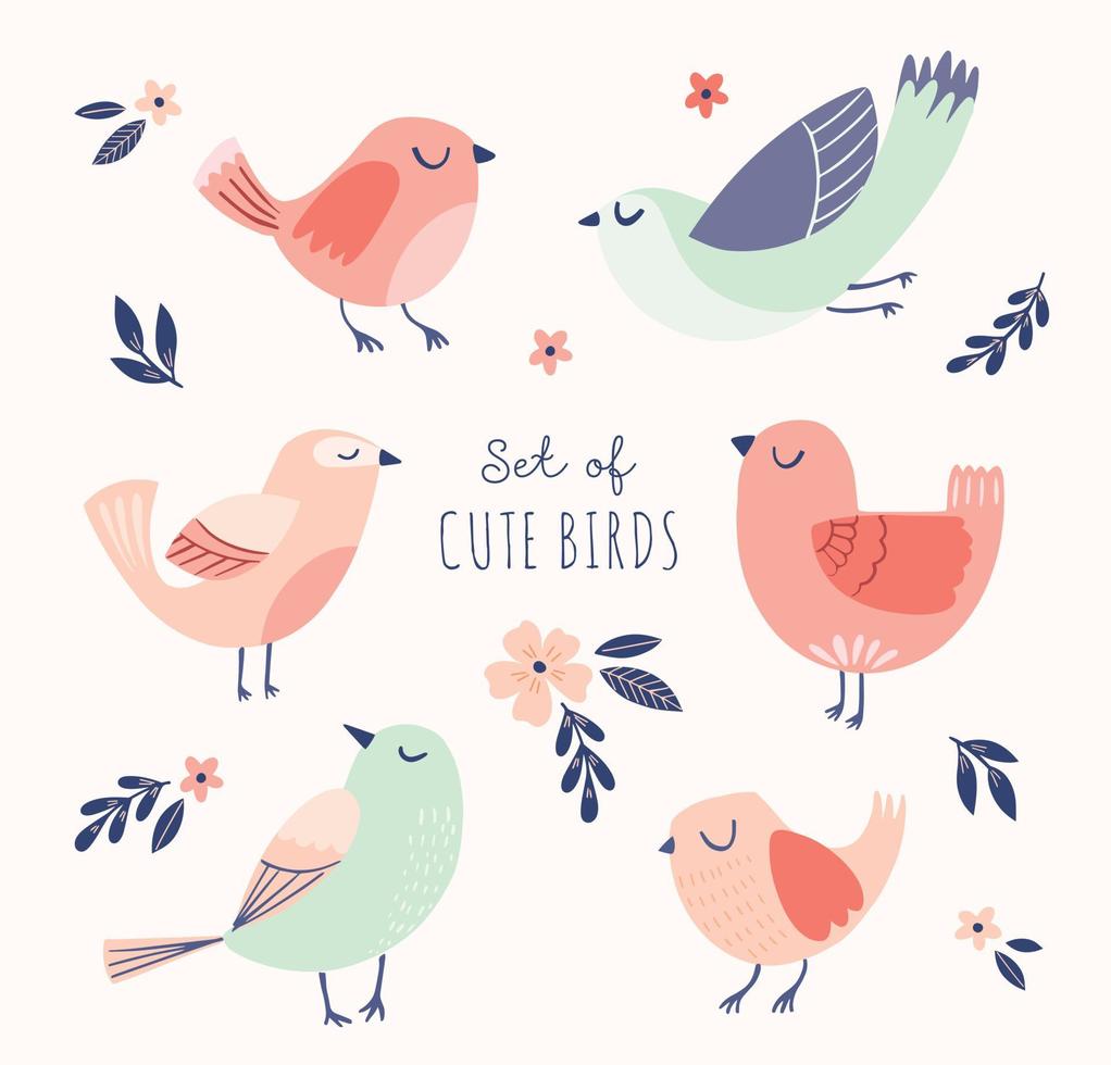 conjunto de lindos pájaros vectoriales con flores y hojas. primavera, ilustración de verano con pájaros divertidos de dibujos animados. vector
