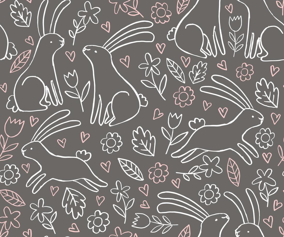 Cute vector pattern with doodle bunnies, flowers and hearts vector pattern. Spring seamless background with rabbits, flowers and hearts.