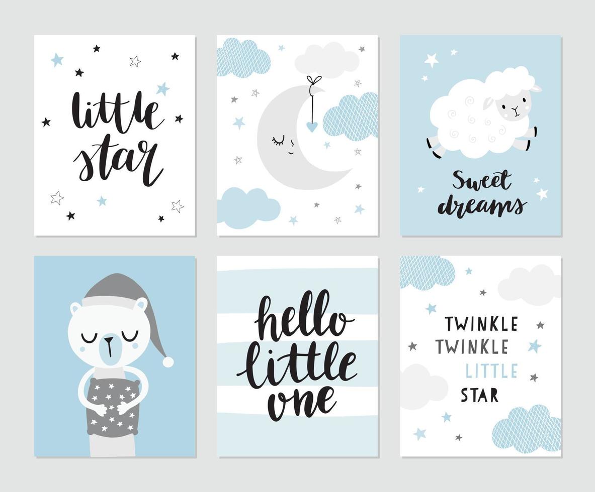 linda luna, oveja, oso durmiente en pijama, rimas infantiles. letras a mano - pequeña estrella, dulces sueños, hola pequeño. invitación de baby shower, tarjeta de saludo, poster de guardería. vector