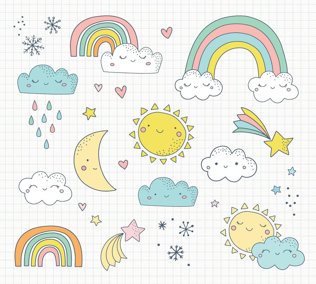 Set of cute weather icons and illustrations in hand drawn style. Smiling sun, clouds, moon, rainbow. Seasons, weather forecast cute characters. vector
