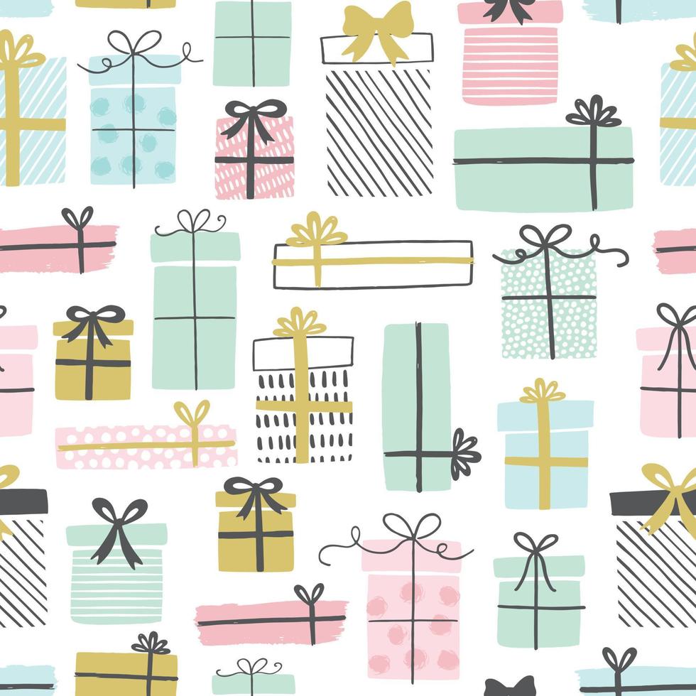 Gift boxes vector pattern in hand drawn doodle style. Seamless background with presents. Birthday party. Illustration for greeting cards, invitations, posters.