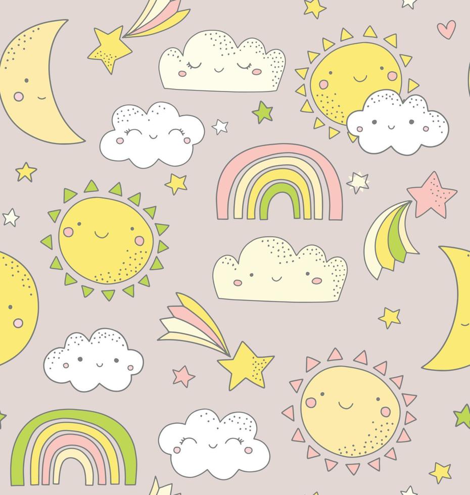 Cute sky pattern. Seamless vector design with smiling moon, sun, rainbow, stars and clouds. Baby illustration. Doodle kids weather pattern.