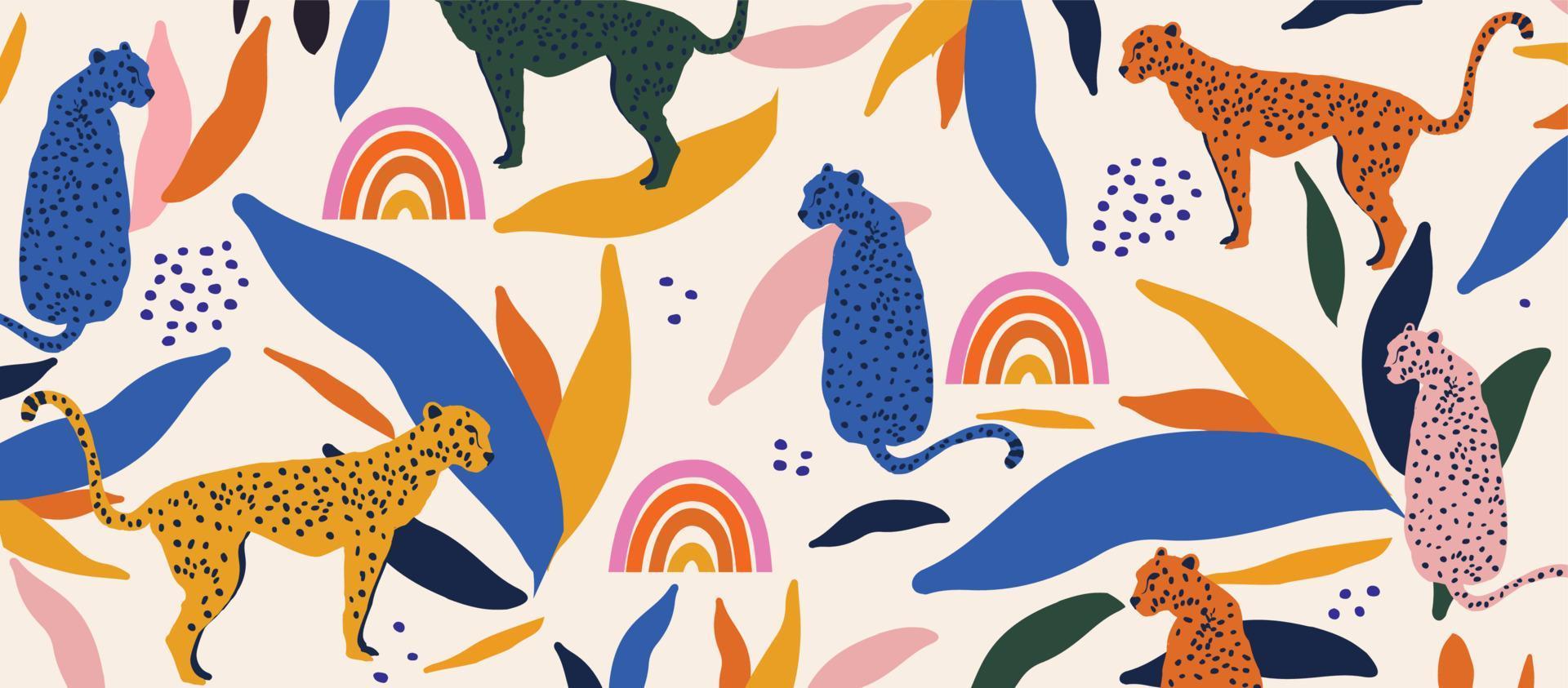 Cute and modern wildlife pattern with leopards. Leopards and colorful leaves decorative vector illustration design