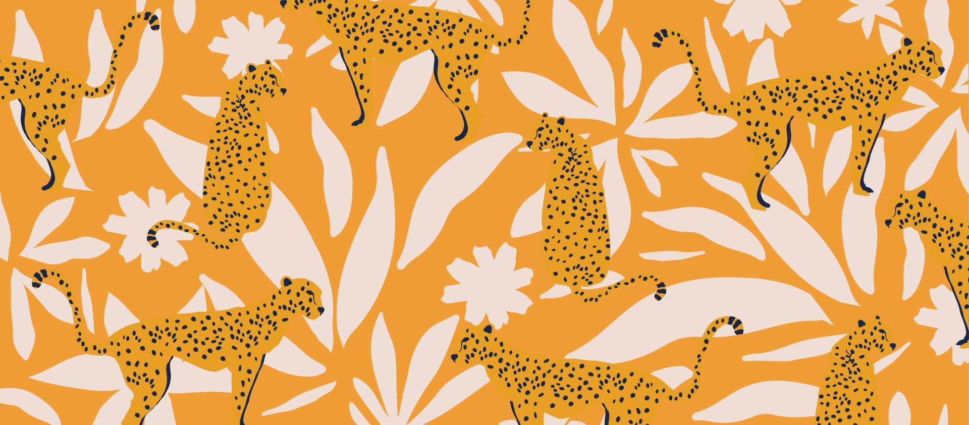 Cute and modern wildlife pattern with leopards. Leopards and leaves decorative vector illustration design