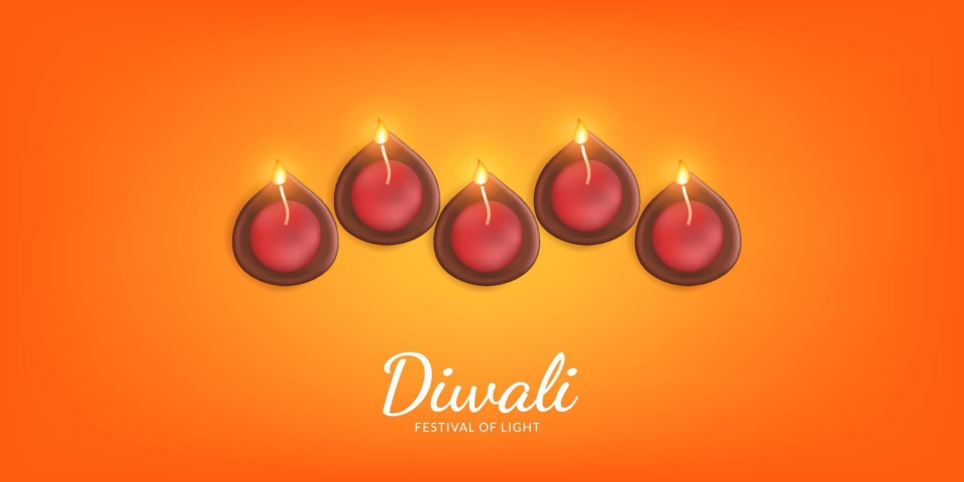 feliz diwali, festival de la luz con ilustración de velas de lámpara de aceite en el fondo naranja vector