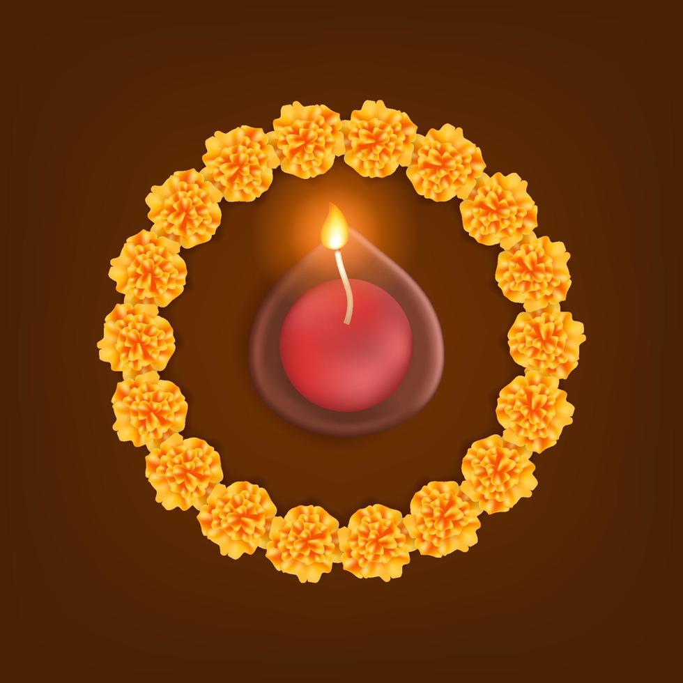 diwali festival de la luz con decoración de marco de flores de caléndula con fondo naranja vector