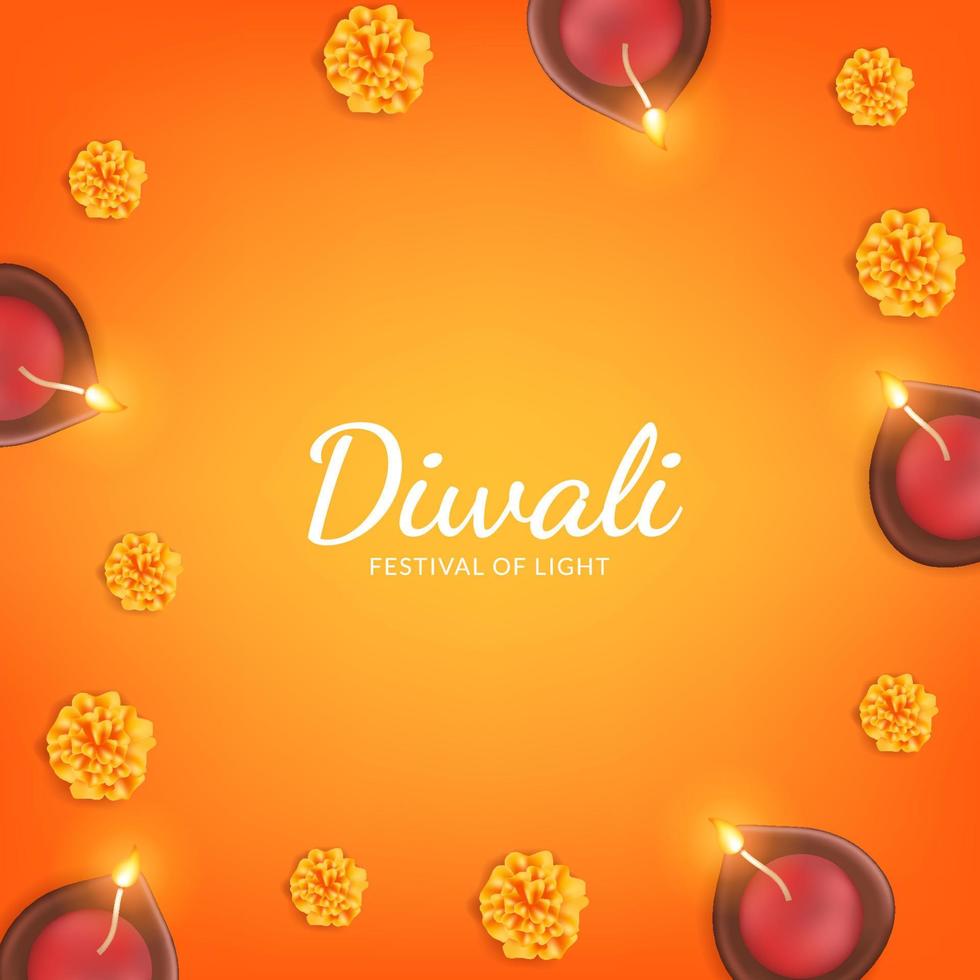 Diwali Festival of light with marigold flower frame decoration with orange background vector