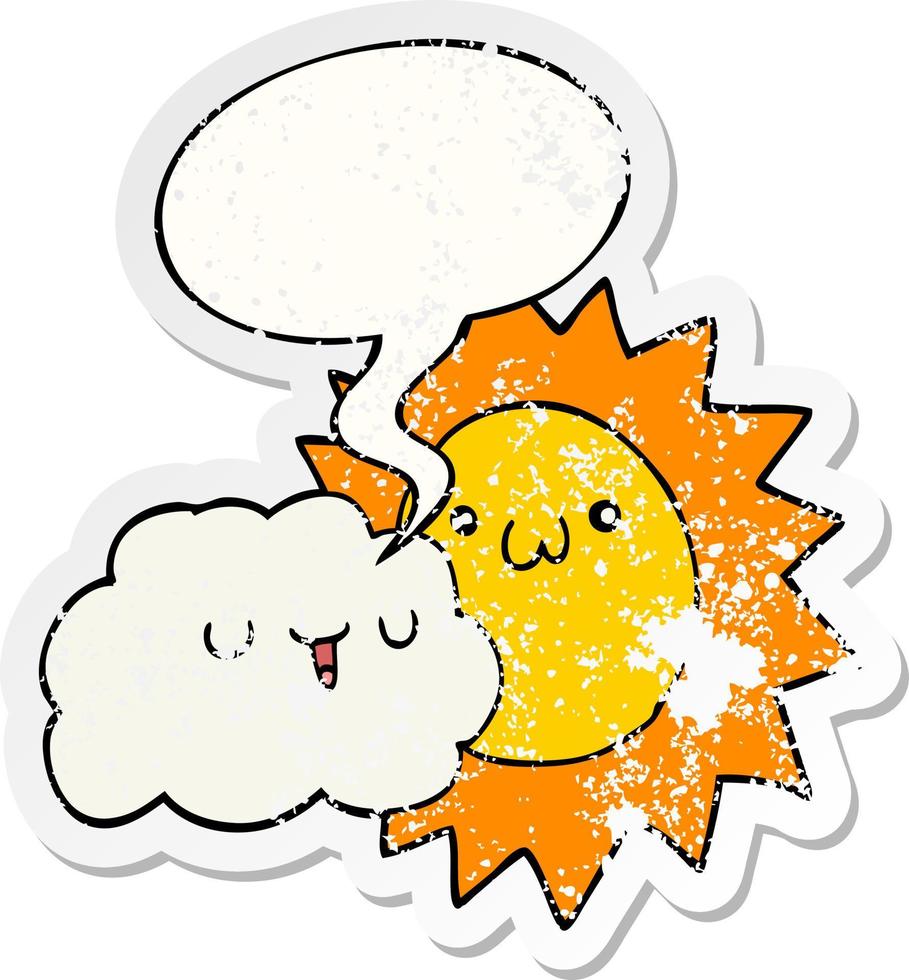 cartoon sun and cloud and speech bubble distressed sticker vector