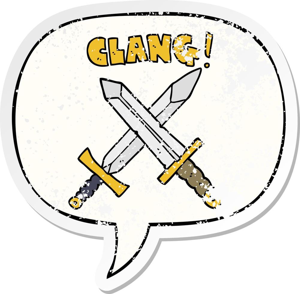 cartoon sword fight and speech bubble distressed sticker vector