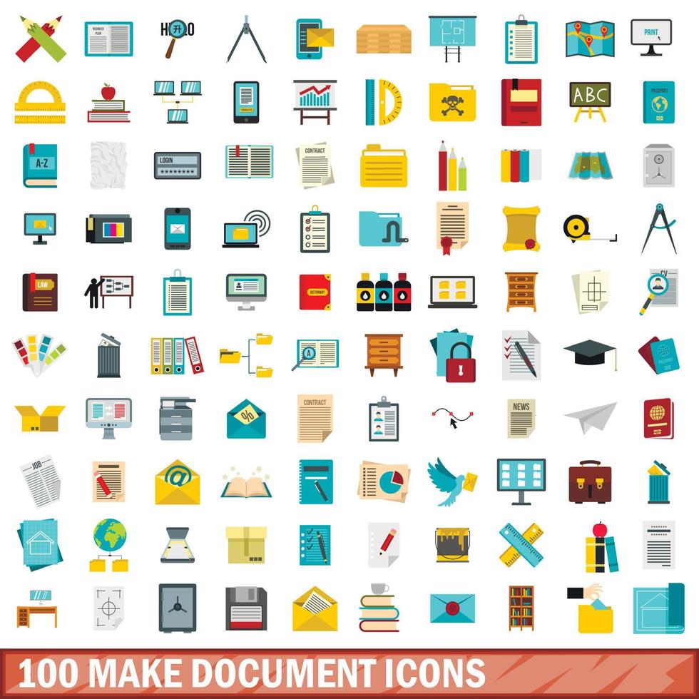 100 hacer conjunto de iconos de documentos, estilo plano vector