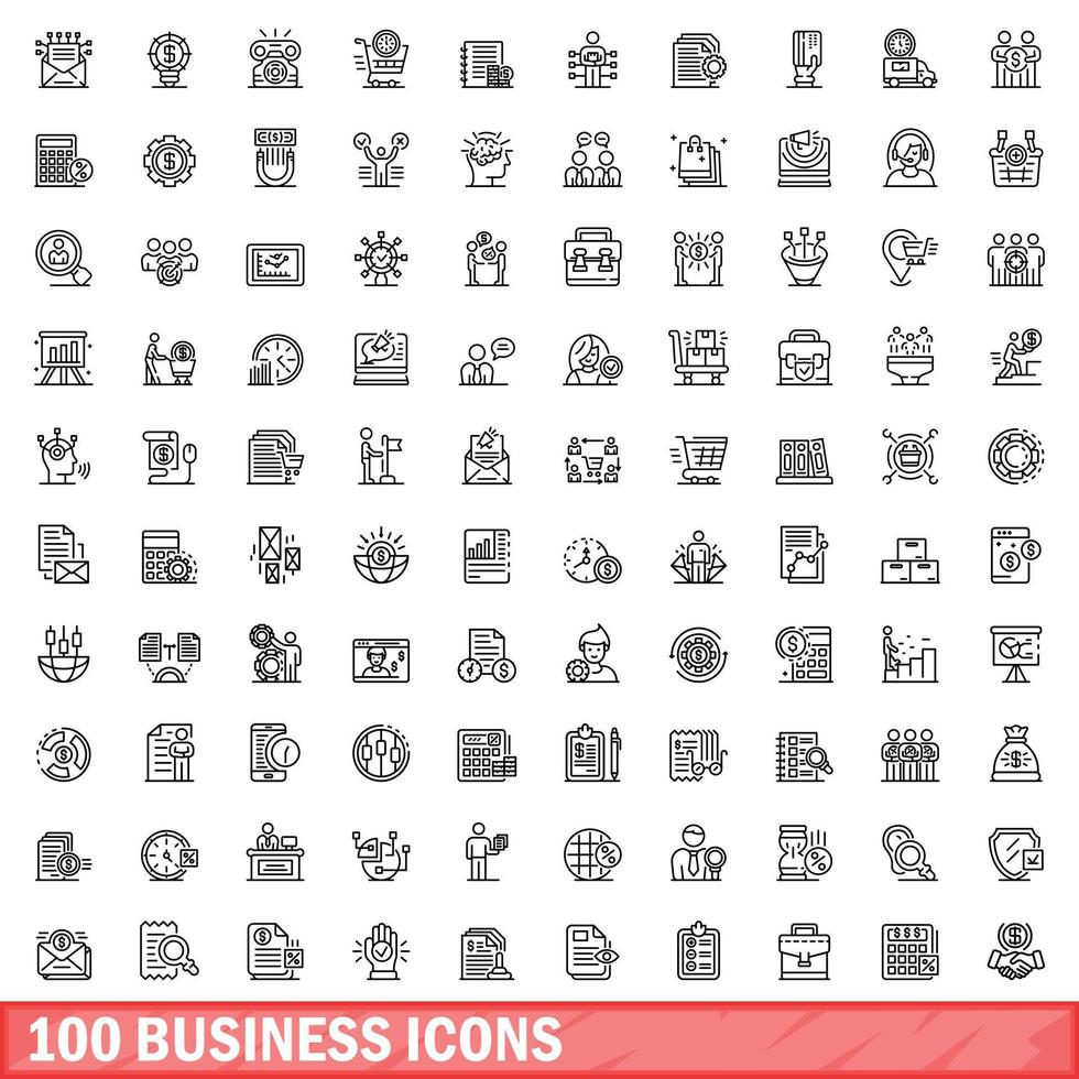 100 business icons set, outline style vector