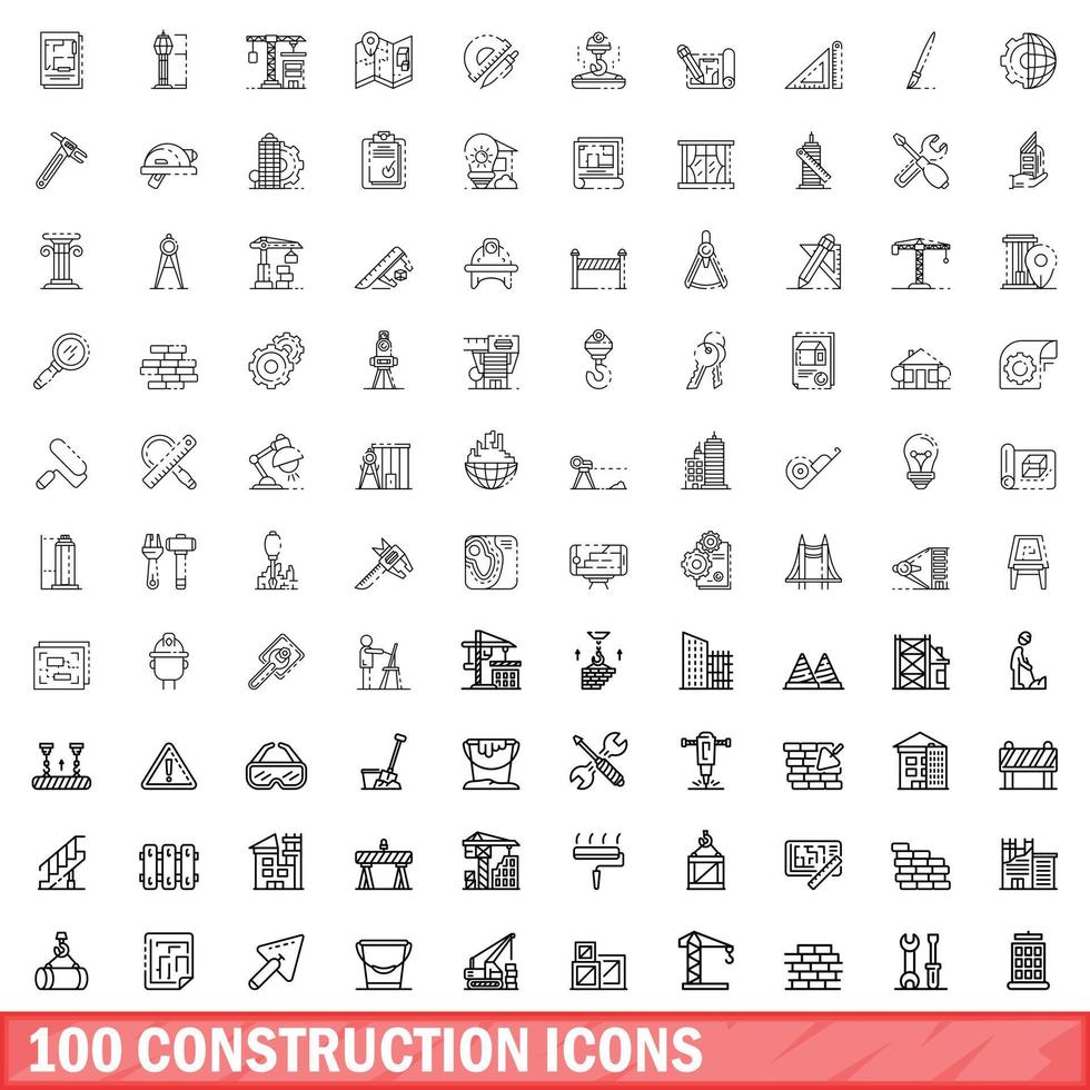 100 construction icons set, outline style vector