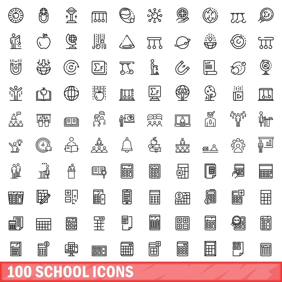 100 school icons set, outline style vector