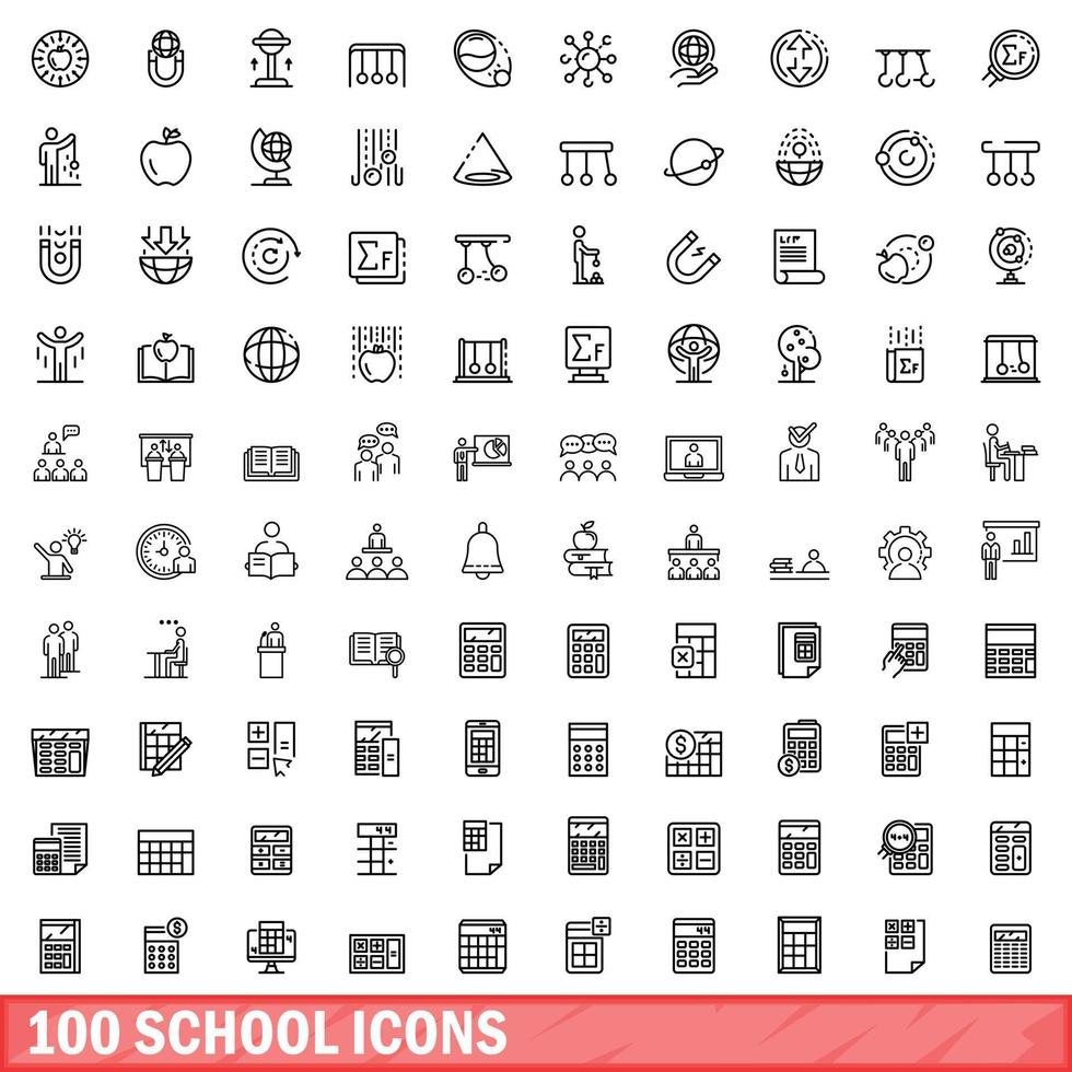 100 school icons set, outline style vector