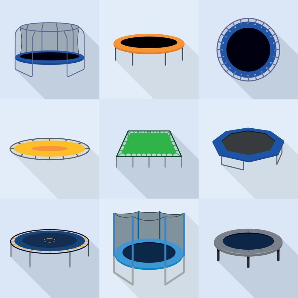 Trampoline icons set, flat style vector