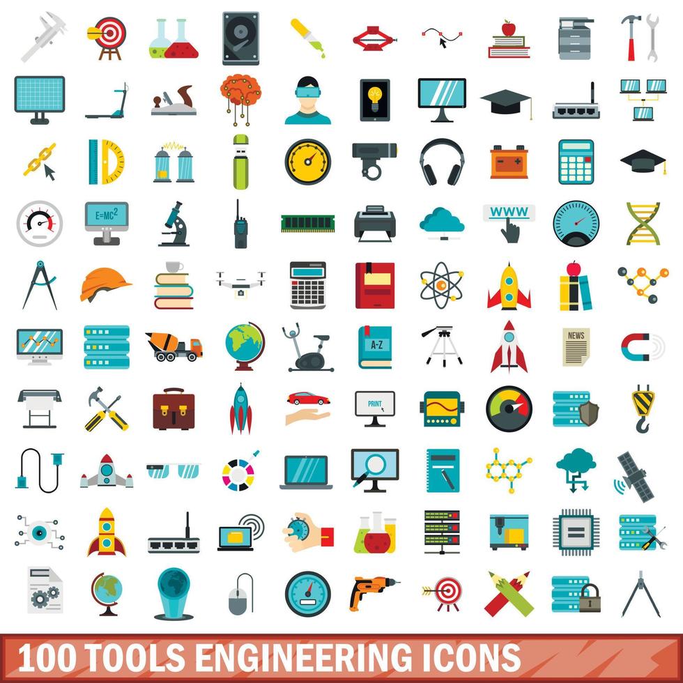 Conjunto de iconos de ingeniería de 100 herramientas, tipo plano vector