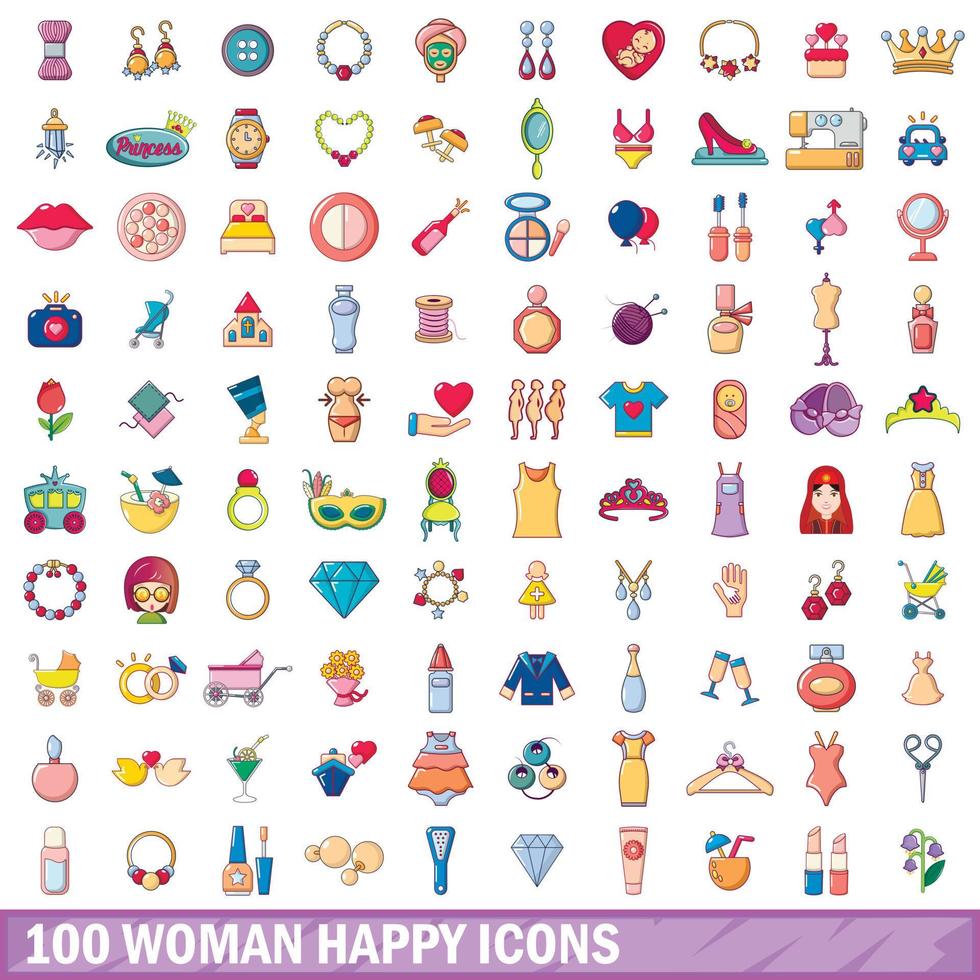 100 mujer feliz conjunto de iconos, estilo de dibujos animados vector