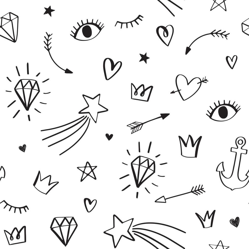 Doodle de patrones sin fisuras con divertidos iconos. estrella vectorial dibujada a mano de dibujos animados hipster, corona, diamante, ojo, flecha, ancla. vector