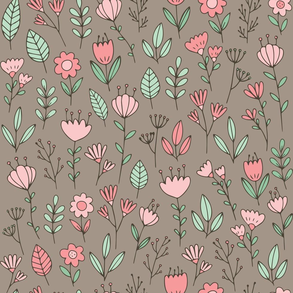 Hand drawn cute floral pattern. Flower, tulips, leaves doodle vector seamless background. Design for fabric.