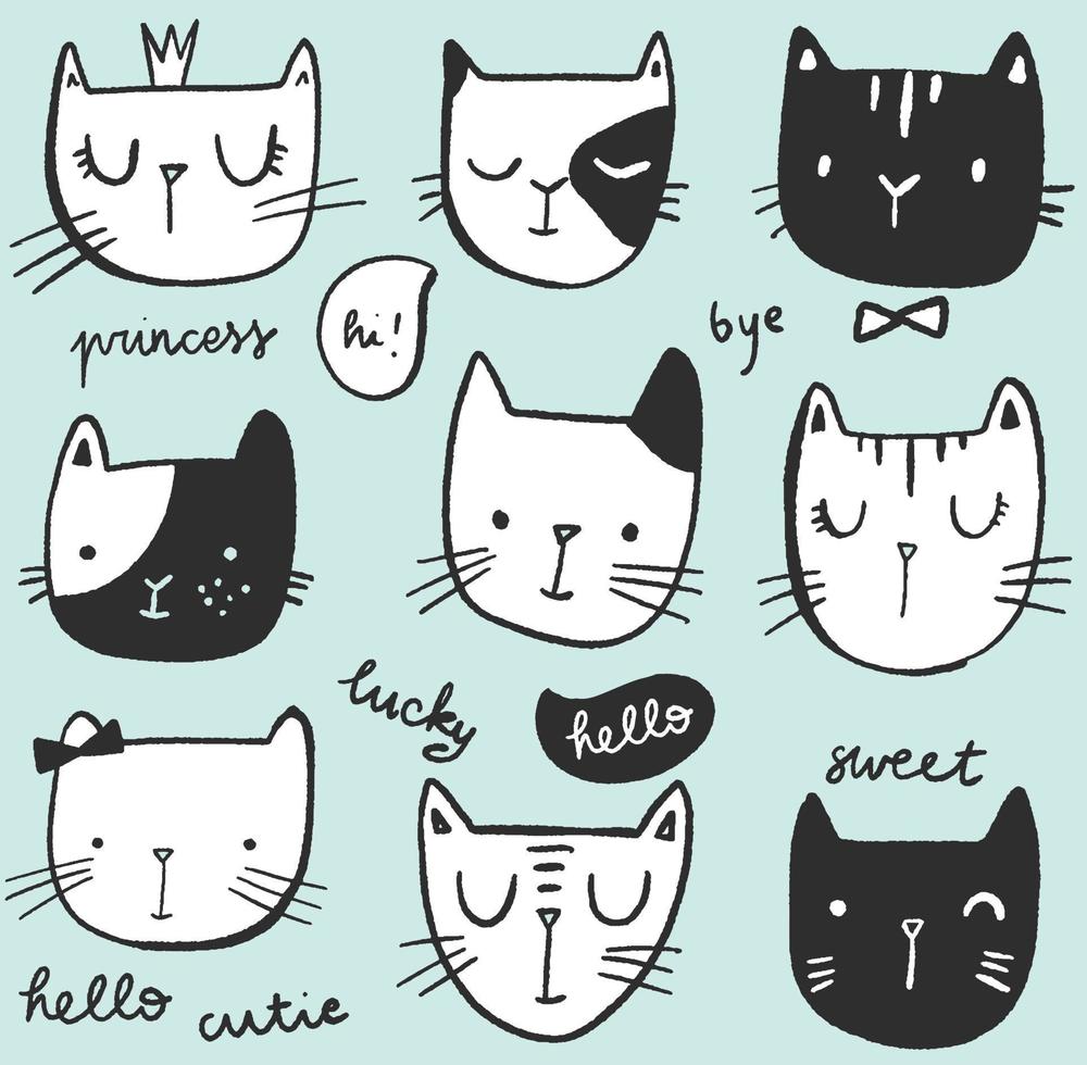 Funny cat pattern. Vector seamless hand drawn background in doodle style. Scandinavian style.