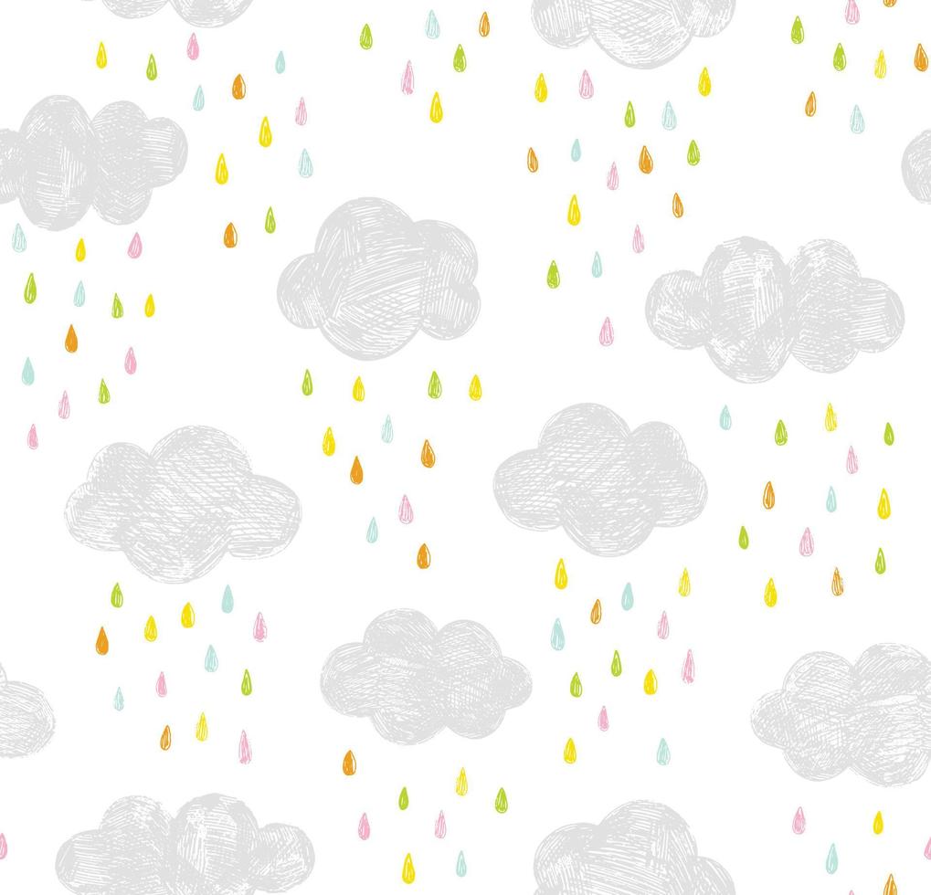 Vector kids pattern with clouds and rain drops. Cute doodle scandinavian seamless background in mint, pink, yellow and gray.