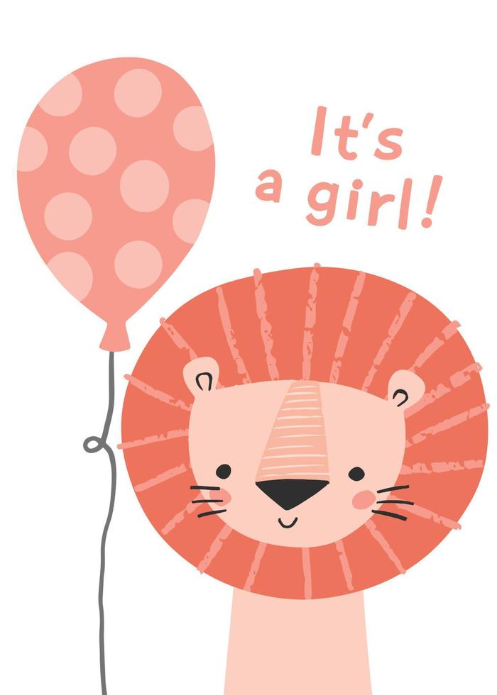 es una chica. lindo león rosa con un globo para una invitación de baby shower de niña, tarjeta de saludo, fiesta de cumpleaños, poster de arte de guardería. vector
