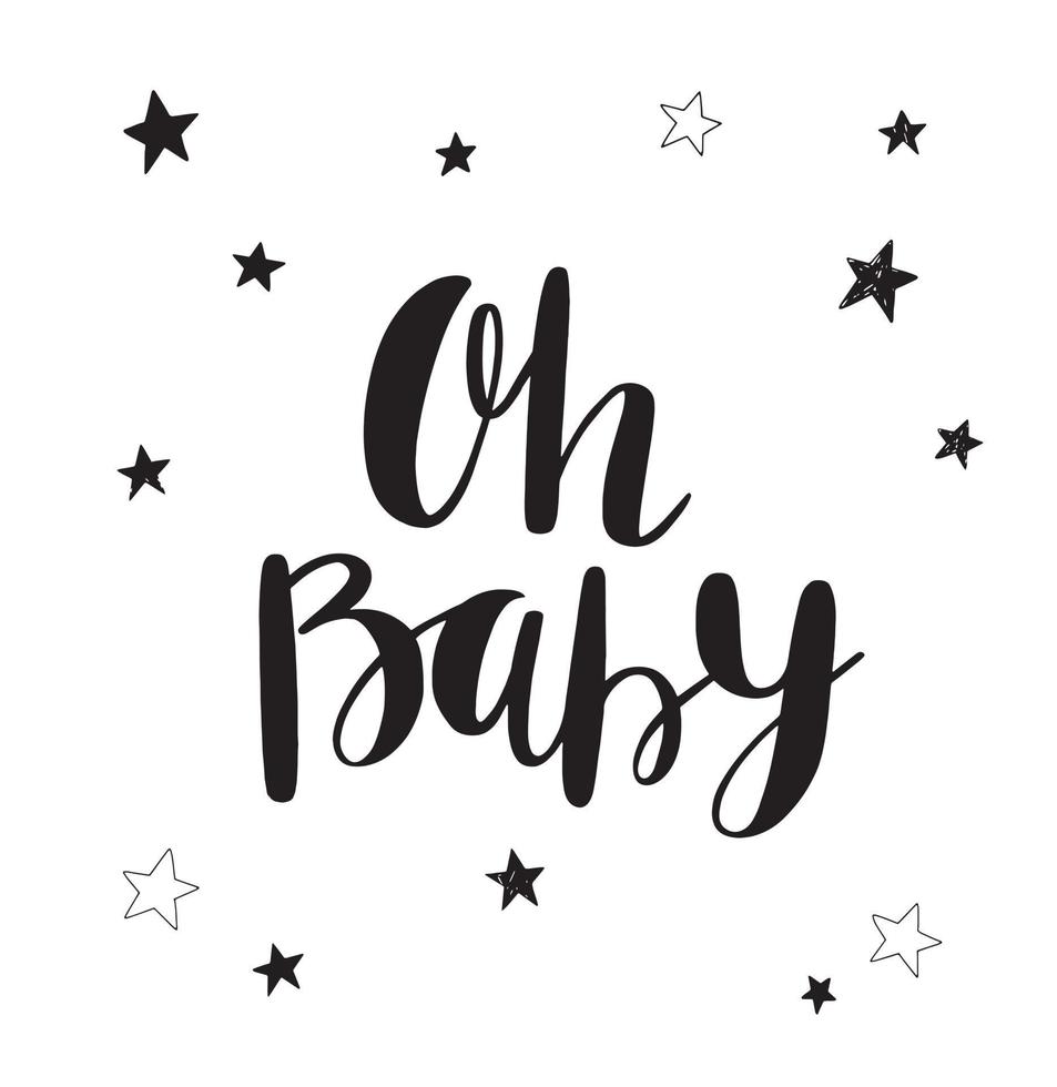 Oh Baby. Hand drawn lettering with stars. Ink illustration. Modern brush calligraphy. Baby shower invitation card. vector