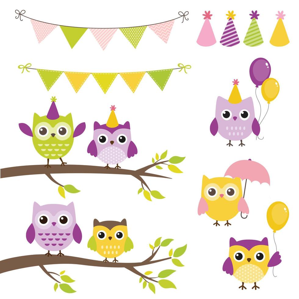 elementos de fiesta de cumpleaños vectoriales con búhos, pancartas, globos. esquema de color verde, morado y amarillo. vector