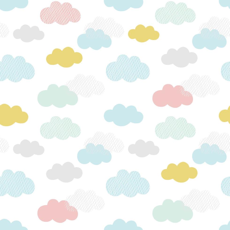 Vector clouds pattern. Hand drawn seamless background with colorful clouds. Scandinavian style print for babies and kids.