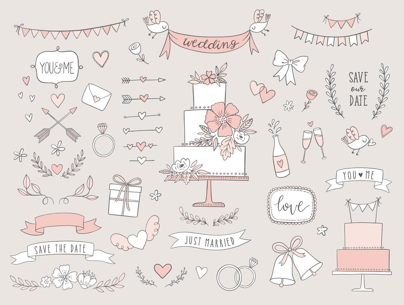 Set of wedding illustrations and icons. Hand drawn vector collection of design elements for for invitations, greeting cards, posters.