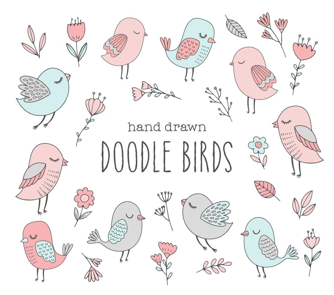 Vector hand drawn birds. Cute doodle bird characters with flowers and leaves. Funny spring illustrations in pastel colors.