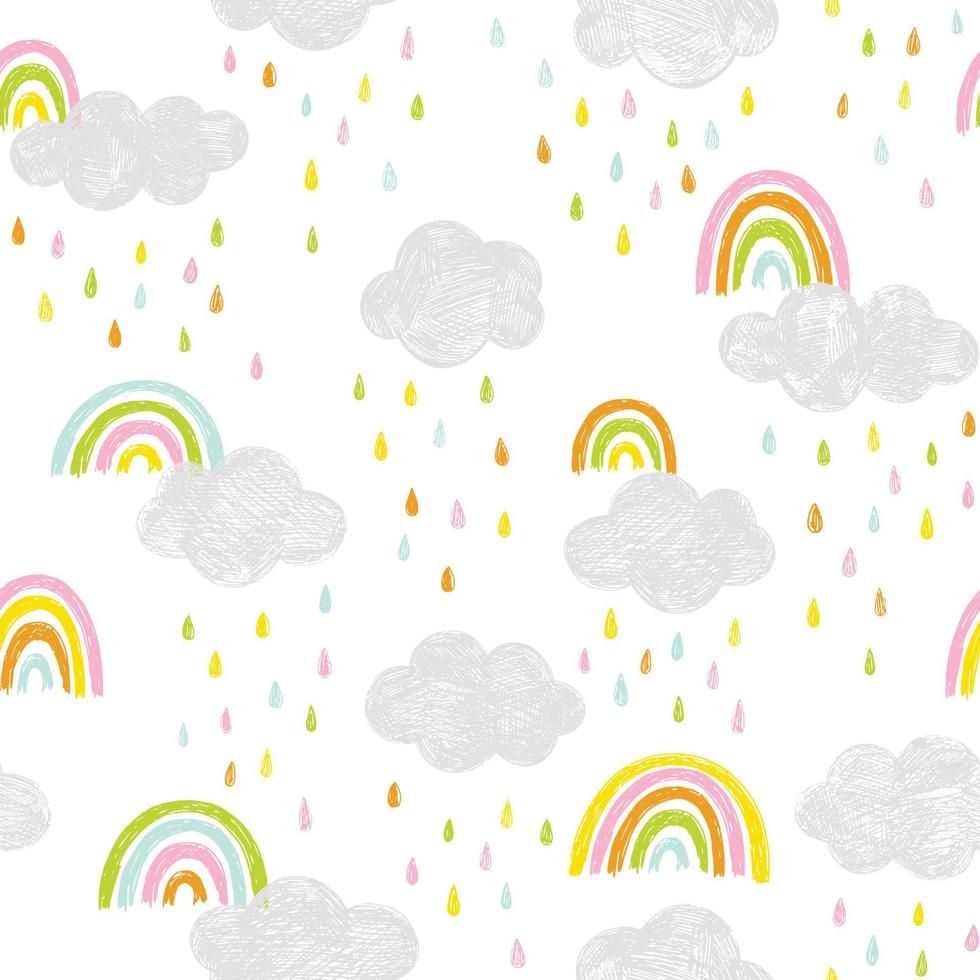 Vector sky pattern with clouds, rain drops and rainbows. Cute doodle scandinavian seamless background in blue, pink, yellow and gray.