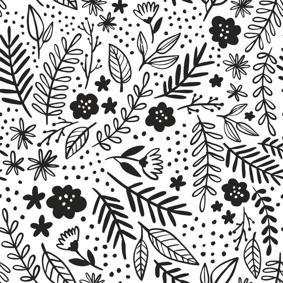 Modern floral vector pattern. Hand drawn flowers and leaves in doodle style. Graphic monochrome black and white seamless background.