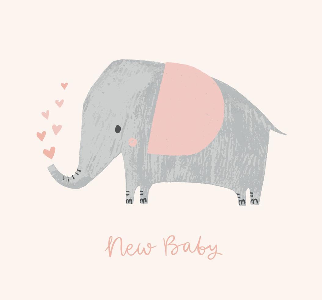 Elephant baby shower card. Cute girl animal character. Elephant with hearts. Vector illustration for birth announcement, invitations greeting cards, apparel. New Baby.