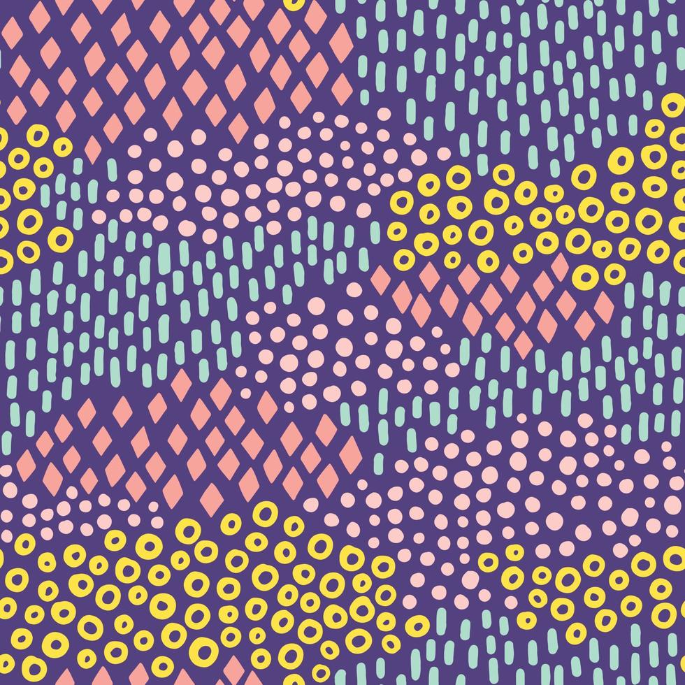 Hand drawn abstract vector pattern with doodle geometric shapes. Circles, dots, diamond, lines, strokes.