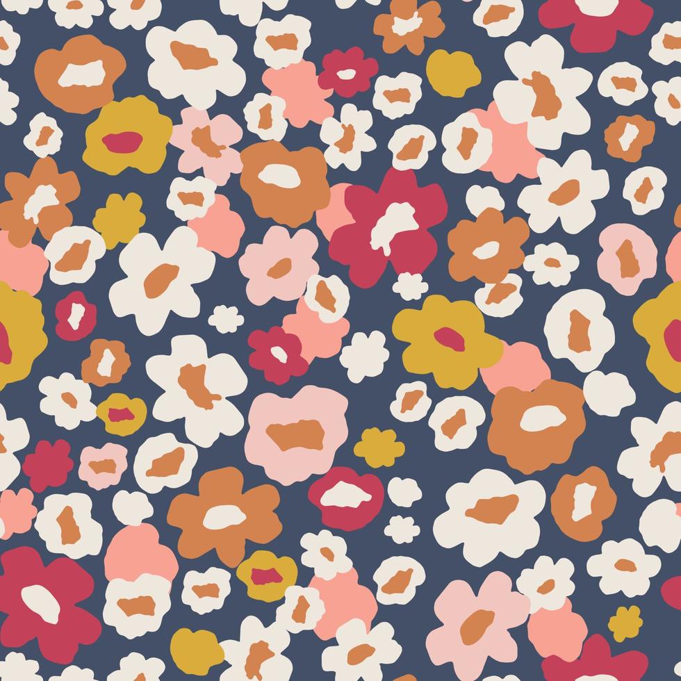 Floral pattern in navy, yellow and pink. Scattered small flowers seamless vector background. Ditsy flower print for textile, home decor, wallpaper, gift wrap.