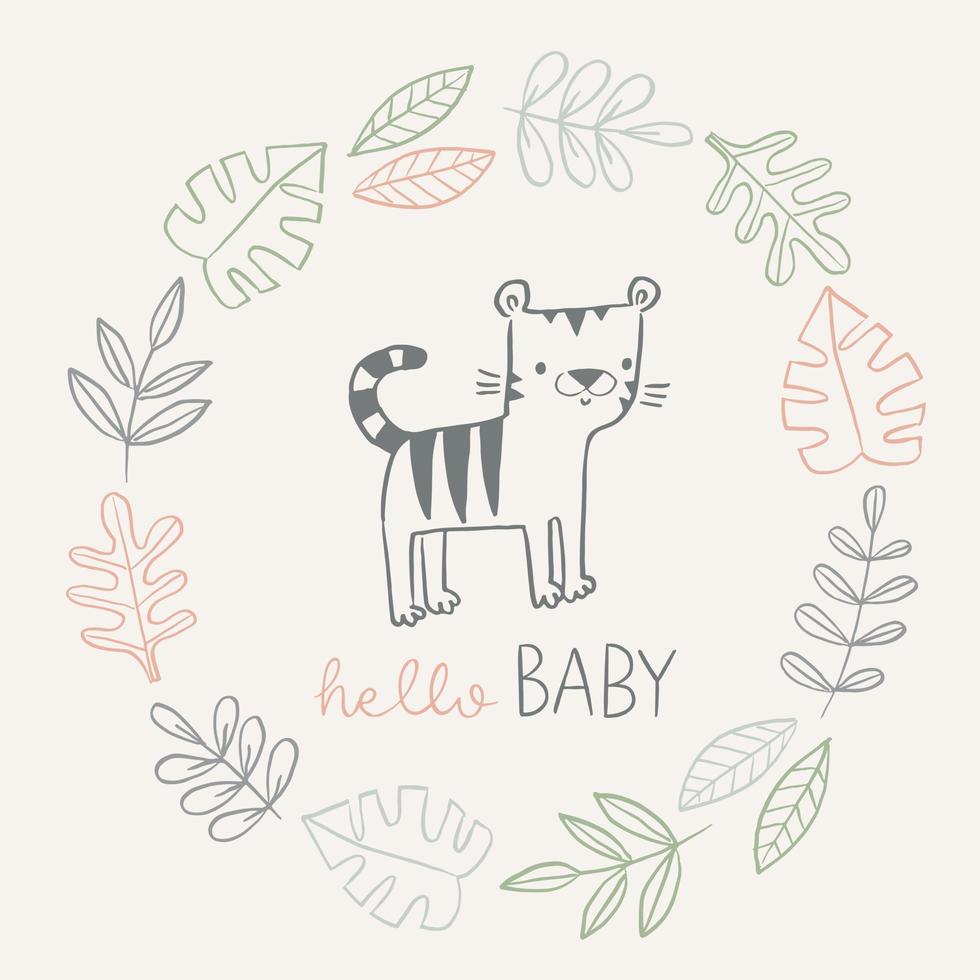 hola tarjeta de bebé con lindo tigre y corona de jungla en estilo lineal dibujado a mano. invitación de baby shower, anuncio de nacimiento, póster de guardería, habitación infantil o ropa. vector