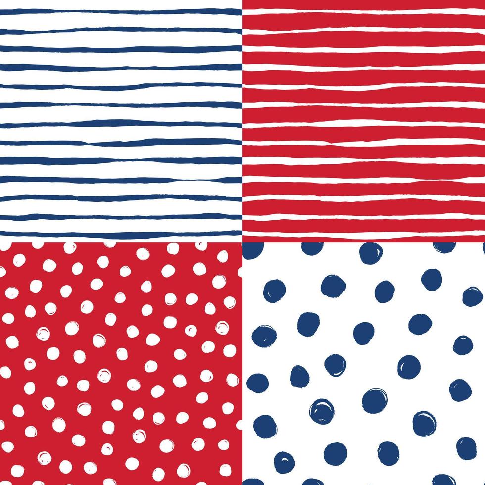 A set of hand drawn vector seamless patterns in navy and red. Brushed stripes and dots.