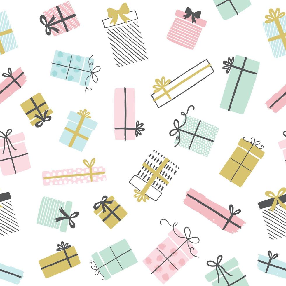 Gift boxes pattern in hand drawn doodle style. Seamless background with presents. Birthday party. Illustration for greeting cards, invitations, posters. vector