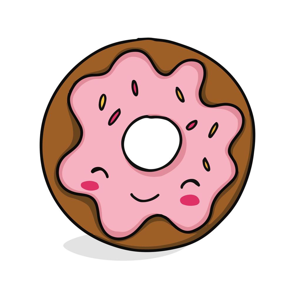 Cartoon donut character. Doughnut vector illustration in kawaii style. Cute smiling dessert.