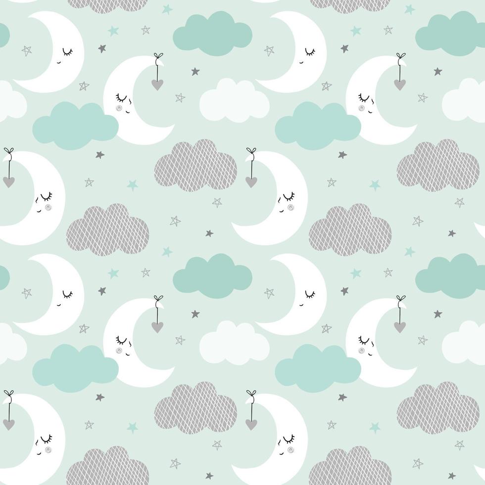 Night sky vector pattern. Cute smiling moon, stars, clouds seamless background. Baby print in soft, pastel colors, mint green.