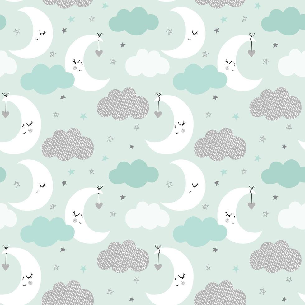 Night sky vector pattern. Cute smiling moon, stars, clouds seamless background. Baby print in soft, pastel colors, mint green.