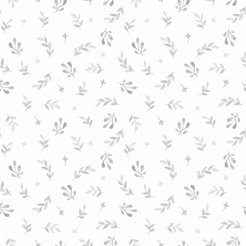 Seamless watercolor floral pattern with branches and leaves. Subtle monochrome hand drawn vector background.